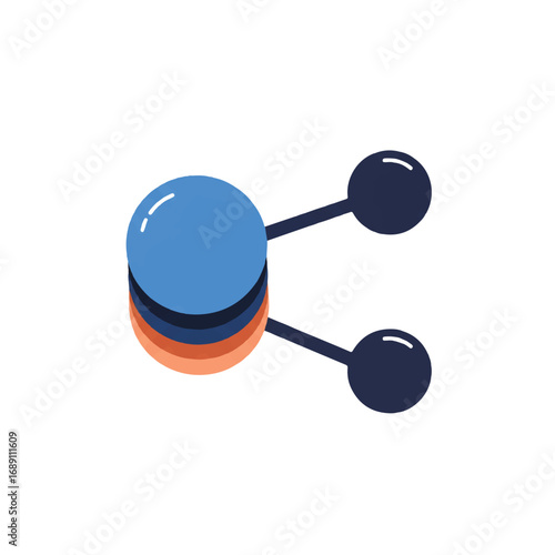 Isometric database node connecting to network nodes represents data sharing and communication in a modern technology environment, conveying innovation and connectivity.
