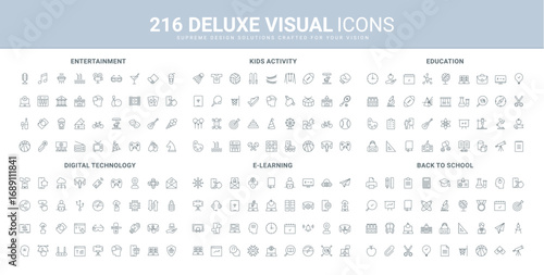 Back to school, digital technology for learning and entertainment, education process line icon set. kids games and sport training, healthy activity thin black outline symbols vector illustration