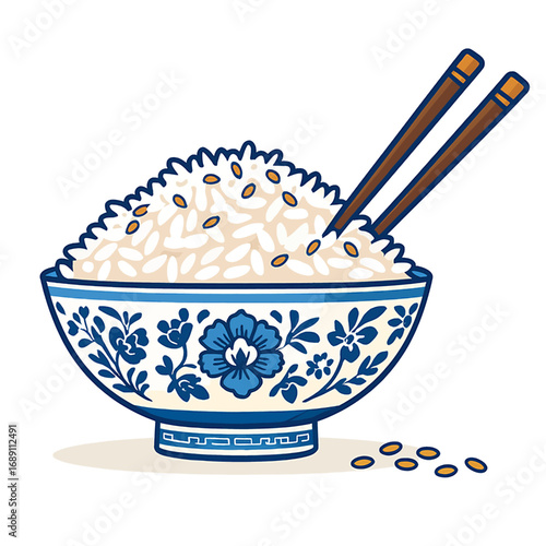Bowl of steamed rice with sesame seeds and chopsticks in traditional blue and white porcelain vector illustration