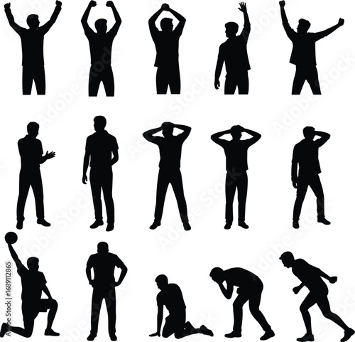 Male silhouette poses expressing emotions and actions including celebration, thinking, frustration, holding ball, kneeling, sadness, running, standing, and waving