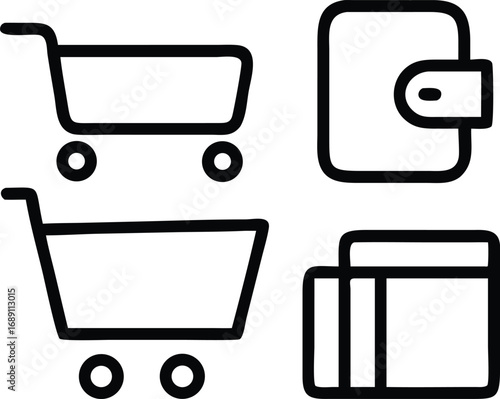 Thin outline icons arranged together — shopping cart, credit card, mobile payment, secure lock, and delivery truck.