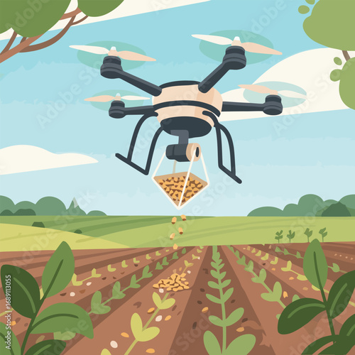 A drone hovers over a field of crops, dispensing seeds from a dispenser attached to its underside. The scene depicts modern agricultural practices.