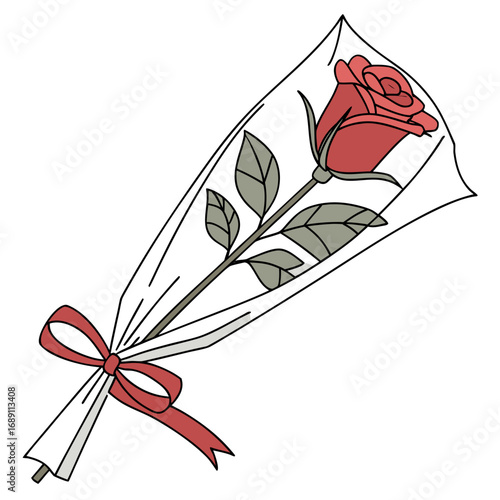 A single red rose in cellophane wrap with a red ribbon tied around the stem