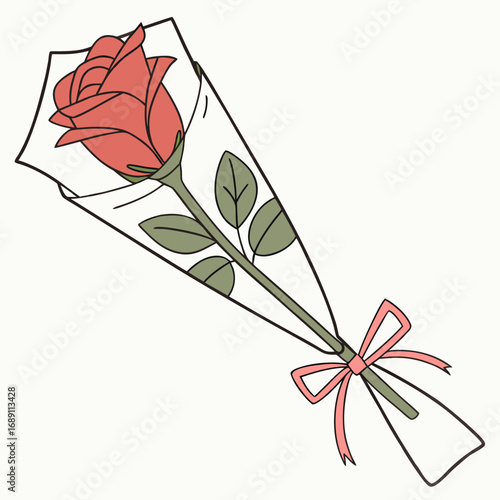 A single red rose in cellophane wrapping tied with a pink ribbon and bow