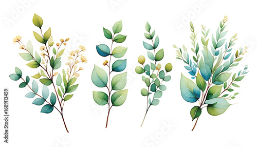 Elegant set of hand-painted watercolor botanical illustrations with various green leaves and branches, isolated vector elements