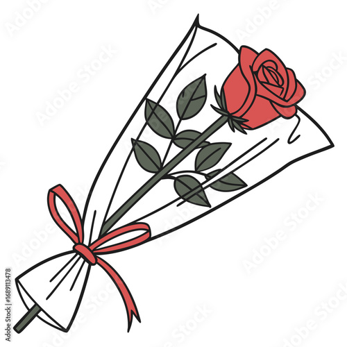 A single red rose with green leaves wrapped in cellophane and tied with a red ribbon