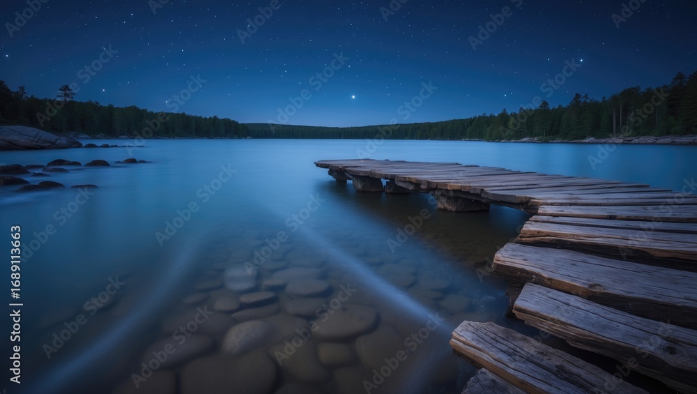 Obraz premium Long exposure of a night scene with calm water, a wooden dock extending into the lake, starry sky, and surrounding forest.