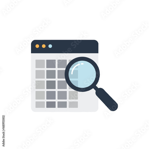 Magnifying glass hovers over calendar interface representing data analysis and scheduling in a clean, modern style.