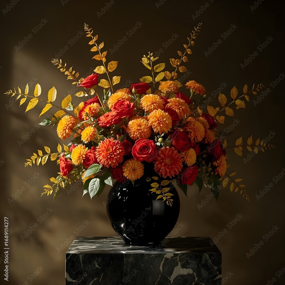 Fototapeta premium Autumn bouquet with orange and yellow flowers in black vase