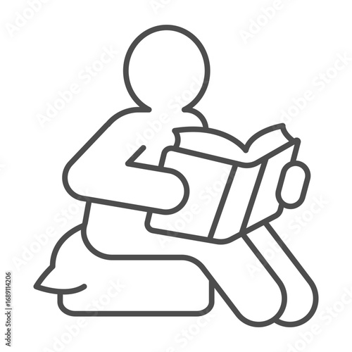 Man with book on pillow seat thin line icon, book festival concept. Vector graphics. Book reading for boys sign on white background, outline style icon for mobile or web design.