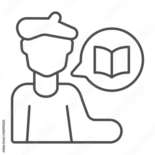 Writer man with book in popup bubble thin line icon, book festival concept. Vector graphics. Book author, artist tells story sign on white background, outline style icon for mobile or web design.