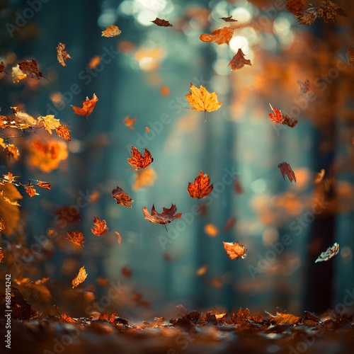 Autumn leaves falling in a forest with a blurred background and leaves scattered on the ground below