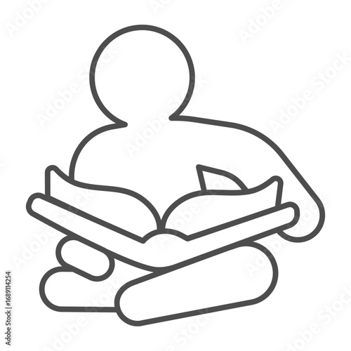Young reader kid thin line icon, book festival concept. Vector graphics. Book in child hands, reading sign on white background, outline style icon for mobile or web design.