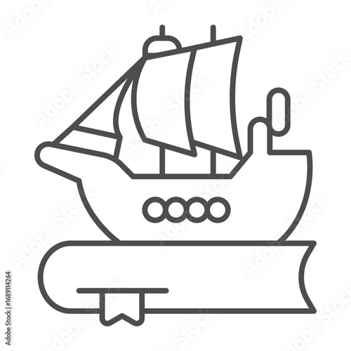 Wooden ship and book with bookmark thin line icon, book festival concept. Vector graphics. Book with vessel, marine story sign on white background, outline style icon for mobile or web design.