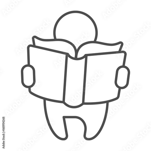 Young reader child thin line icon, book festival concept. Vector graphics. Book in baby kid hands, reading sign on white background, outline style icon for mobile or web design.