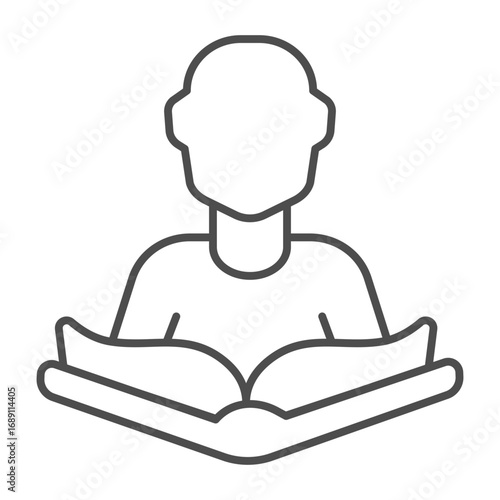 Textbook and reader man thin line icon, book festival concept. Vector graphics. Book with human avatar, reading sign on white background, outline style icon for mobile or web design.