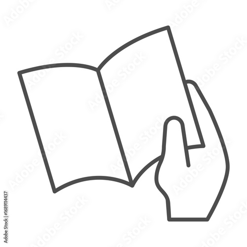 Magazine book in hand thin line icon, book festival concept. Vector graphics. Hand with journal textbook, promotion sign on white background, outline style icon for mobile or web design.