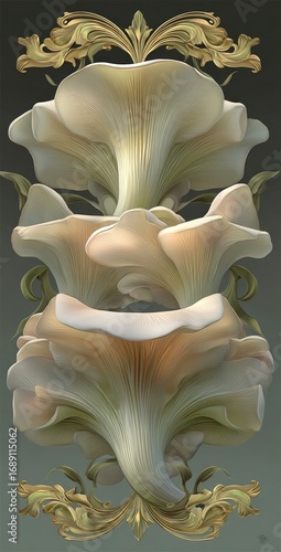 Stack of stylized, layered fungi in shades of cream, ivory, and beige, embellished with delicate golden filigree accents