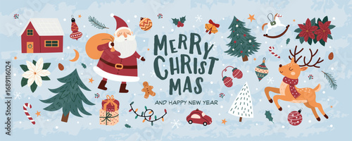 Merry Christmas and Happy New Year 2026. Cute vector set with santa claus, reindeer, christmas tree, house and gifts. Festive holiday collection for greeting card design. Banner, poster isolated.