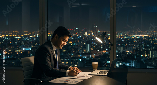 Businessman working late at night in a high-rise office overlooking a city skyline.