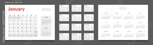 2026 Calendar Planner Set of Template Monthly Pages, Annual. Vector layout grid of wall or desk calendar organizer. Week start Monday in red and gray color. Pages A4-21x29.7 cm ready print
