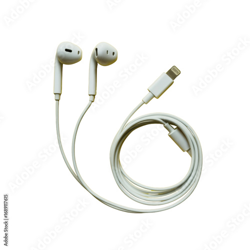 White wired earbuds with a Lightning connector cable on transparent background