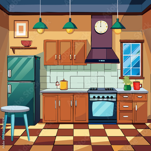 Modern cartoon kitchen illustration with appliances cabinets and flooring vector graphic