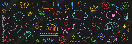 Flower cute line sketch vector kid sticker background icon heart children. Cute flower line star summer school crayon shape design set chalk child pattern hand element cloud cartoon drawn brush paint.