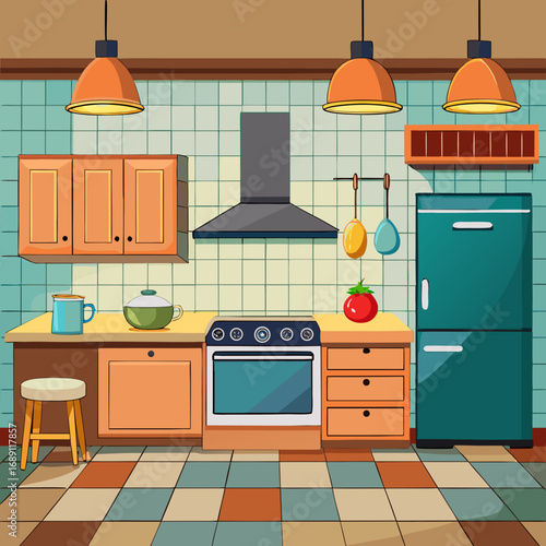 Modern cartoon kitchen vector illustration with appliances cabinets and colorful flooring scalable eps