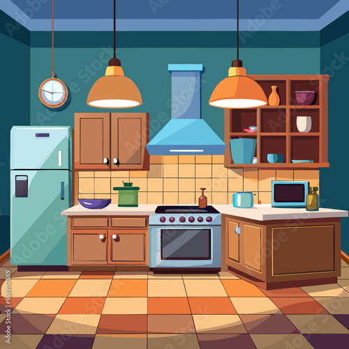 Modern vector kitchen illustration with appliances cabinets and utensils scalable graphic