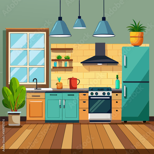Modern cartoon kitchen interior vector illustration spacious design scalable graphics for download