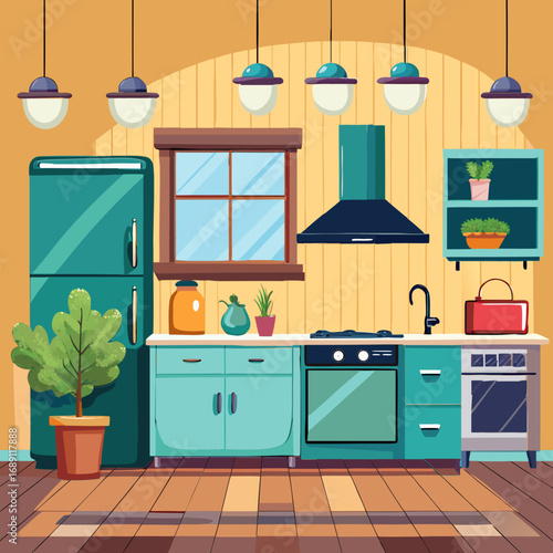 Modern spacious cartoon kitchen vector illustration scalable eps icon for design