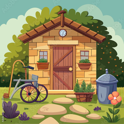 Cozy wooden garden shed illustration with bicycle and watering can vector art