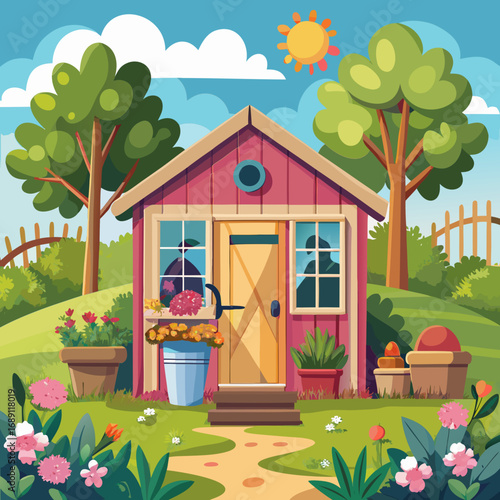 Charming cozy garden shed illustration cute cartoon vector scalable art for nature scenes