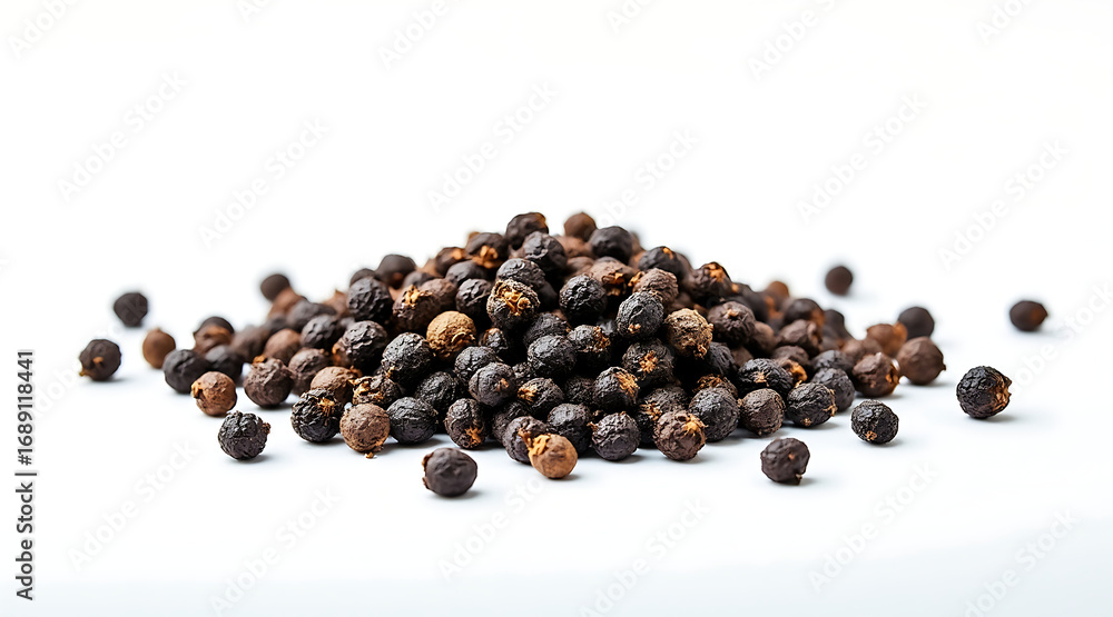 Black peppercorns pile on white background with sharp macro studio photo capturing detailed texture and natural color of spice Black peppercorns pile on white background with sharp macro studio photo capturing detailed texture and natural color of spice