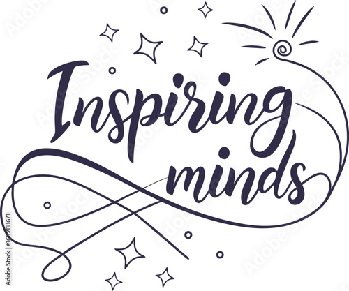 Vector art of inspiring minds text with stars and swirls, representing creativity and innovation
