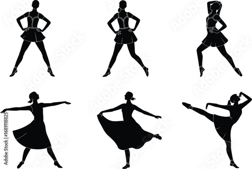 Silhouettes of female dancers performing ballet and contemporary dance poses, ideal for performing arts, design, illustration, and animation