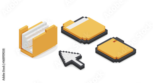 Retro pixel icons: folder, disk, and cursor design