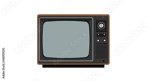 Retro television with wooden frame and dials on white background
