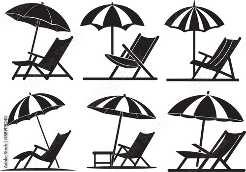 set of beach umbrella and chair silhouette, vector and illustration, black and white