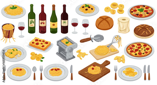 Italian cuisine collection with pasta, wine, and bread in flat style