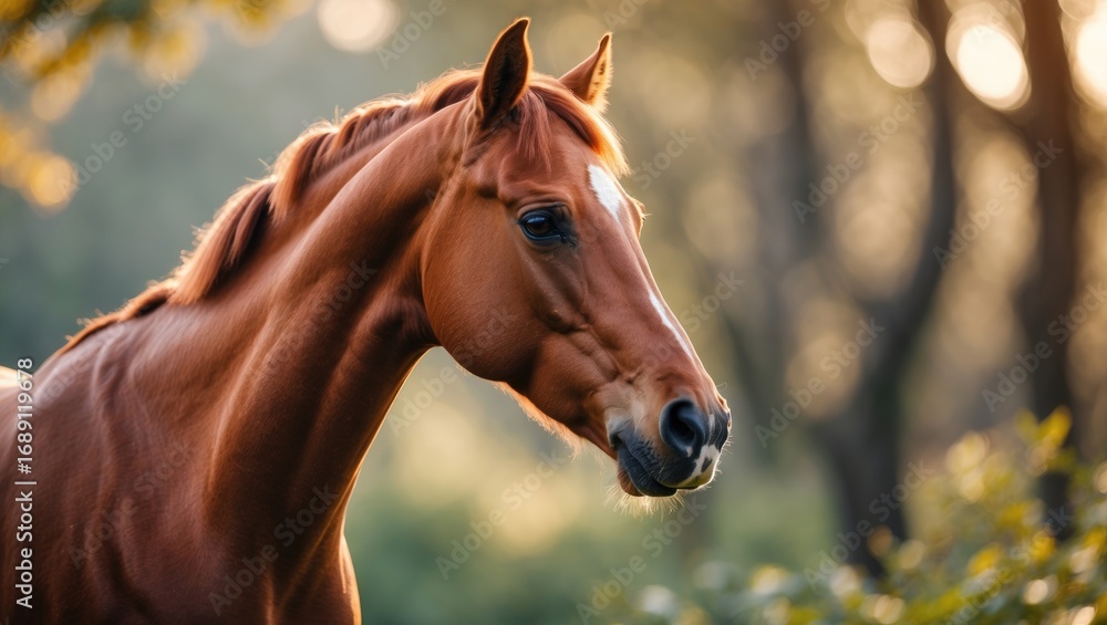Naklejka premium A close-up of a brown horse with a lush background and warm sunlight.