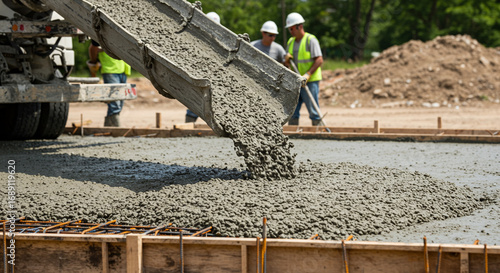 Construction workers pouring wet concrete from a truck into a wooden form, creating a new road surface.