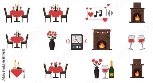 Romantic dinner elements with floral arrangements and wine glasses
