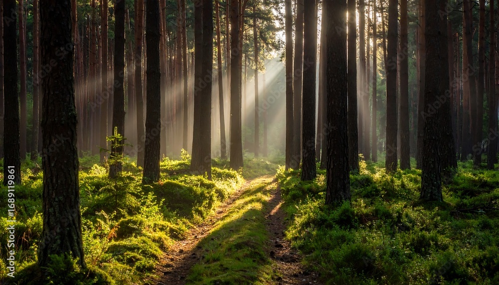 Obraz premium Sunlight Streaming Through Tall Trees in Forest Clearing