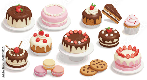 Assorted delicious cakes and treats on white background