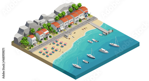 Charming mediterranean seaside town with idyllic beach and marina scene in isometric view