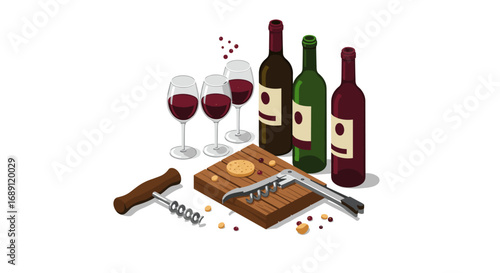 Wine tasting essentials with glasses and corkscrew in isometric style
