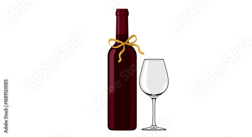 Elegant wine bottle with glass and gold ribbon on white background