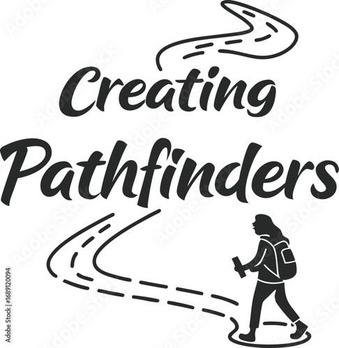 Vector art of creating pathfinders logo featuring a person hiking on a path, symbolizing exploration and discovery